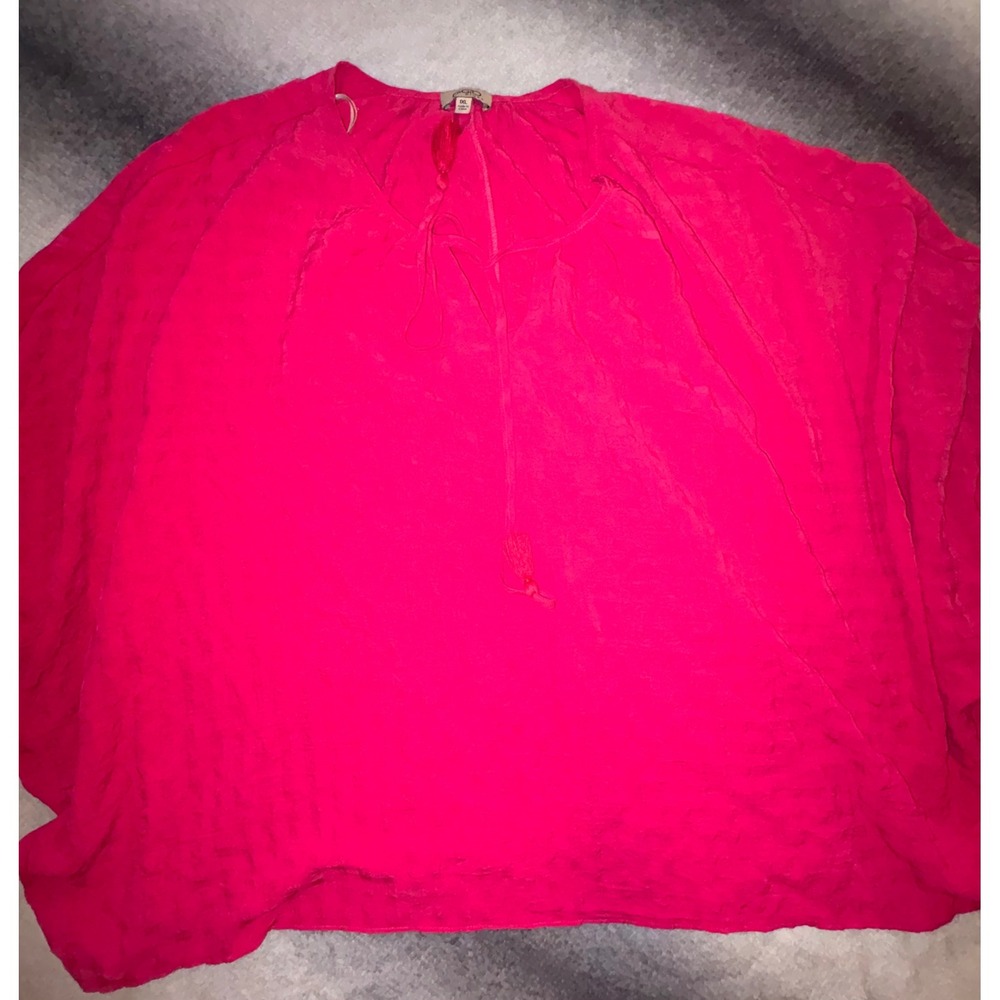 Gigio Plus 1XL Hot Pink Tassel Tie Textured Poncho Blouse PC2739